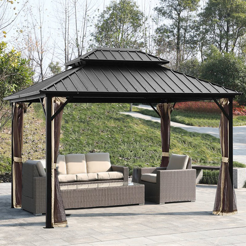 Gdy 10 X12 Double Roofed Gazebo With Mosquito Net Galvanized Steel Roof Canopy Aluminum Furniture Pergola Reviews Wayfair Ca