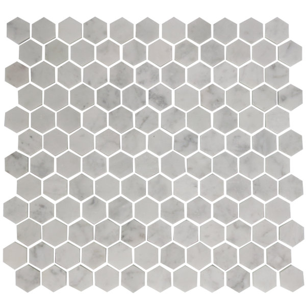 Hexagon Offset 1 x 1 Carrara Marble Mosaic Tile in White by Susan Jablon