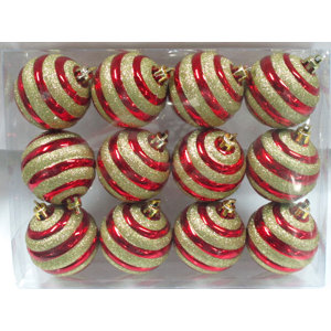 Red Ball Ornament with Gold Glitter Line Design (Set of 3)