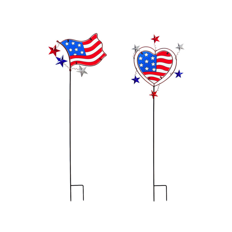 Rosalind Wheeler Glass American Flag And Heart 2 Piece Garden