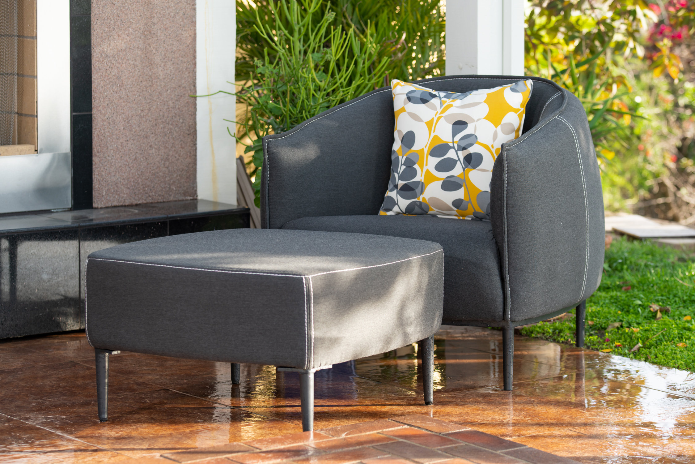 Brayden Studio Carmelo Outdoor Patio Chair With Sunbrella Cushions And Ottoman Wayfair
