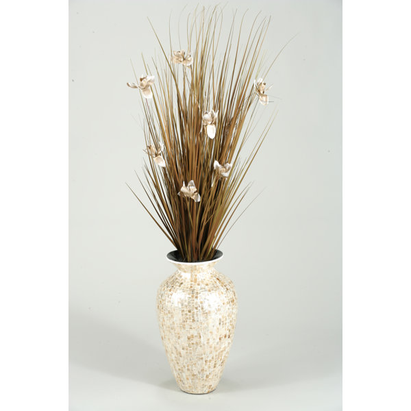 Symple Stuff Brown Ting With Cream Blossoms In Mother Of Pearl Spun Bamboo Vase Reviews Wayfair
