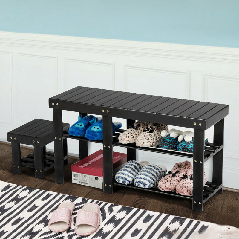 Latitude Run Bamboo Shoe Rack Bench With Stool Entryway 3 Tier