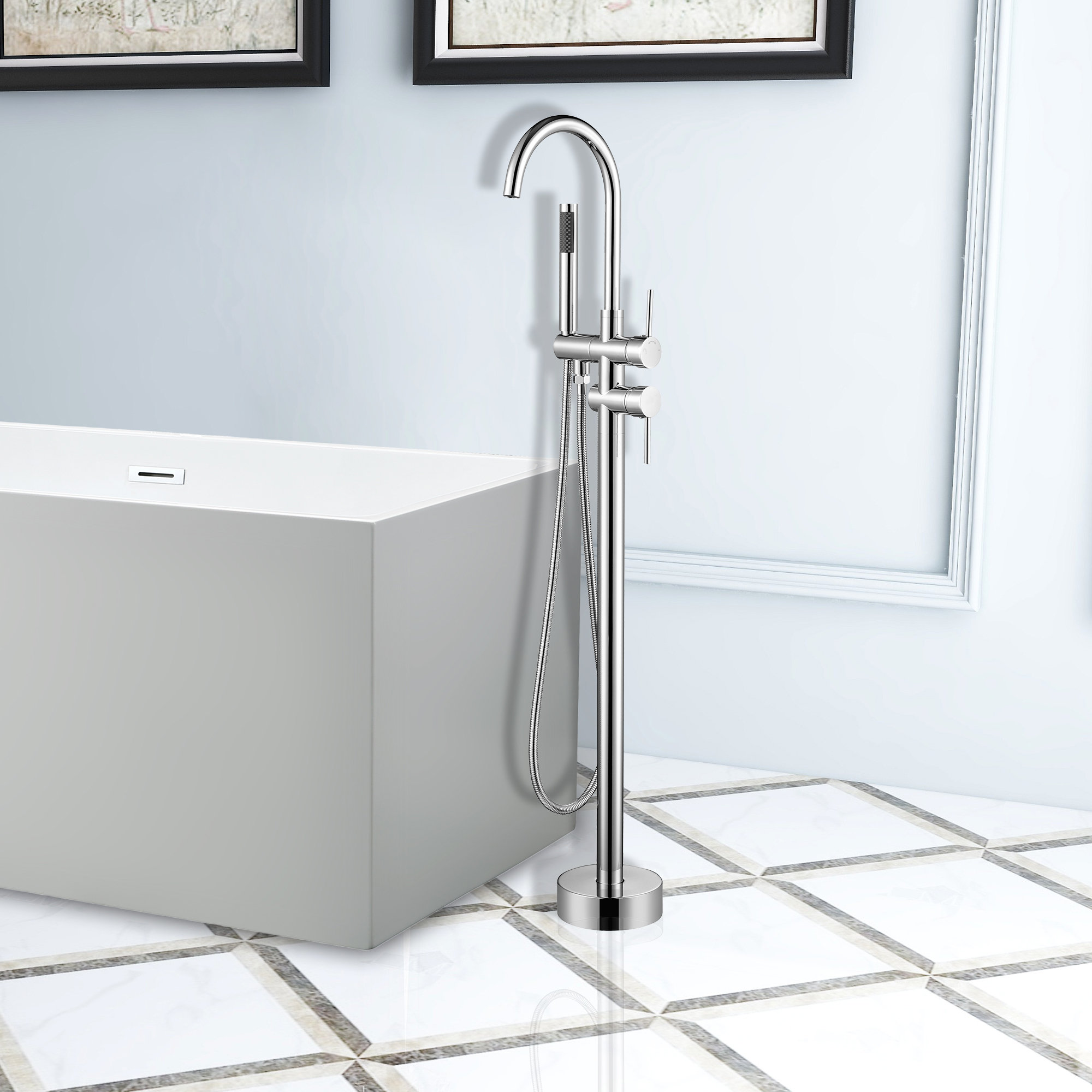 Vanity Art Single Handle Floor Mounted Tub Filler Trim With Hand