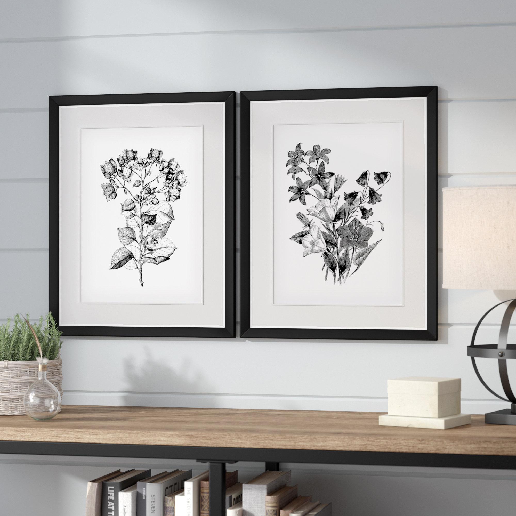 botanical black and white 2 piece framed acrylic painting print set