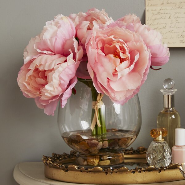 Peonies in a Glass Vase with River Rocks and Faux Water by Ophelia & Co.