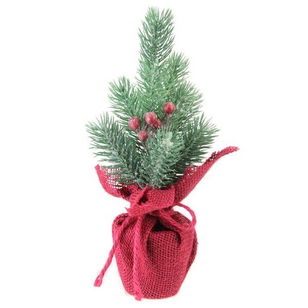 9.5 Frosted Mini Pine Christmas Tree with Berries in Burlap Covered Vase by The Holiday Aisle