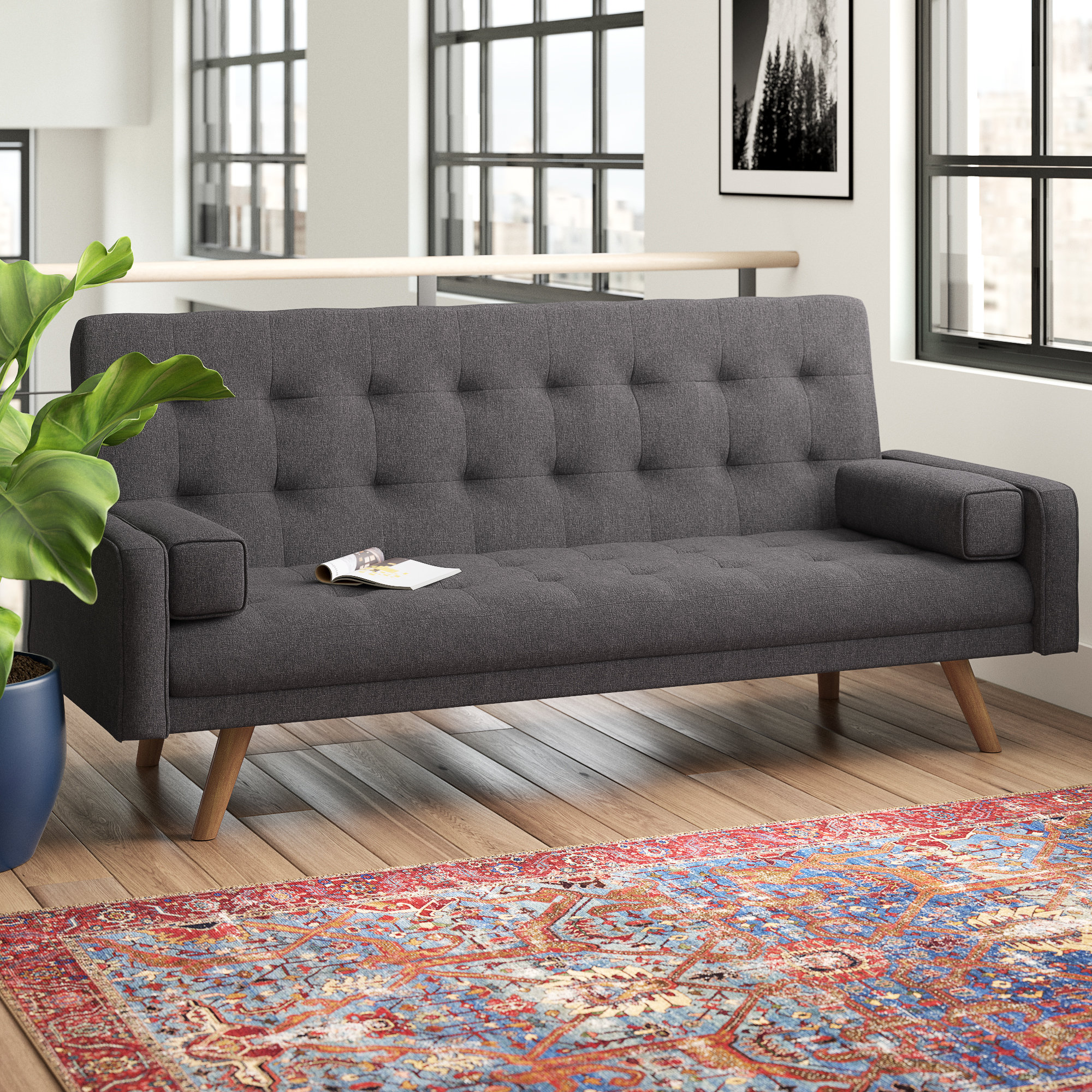 Hollywood Mid Century Biscuit Tufted Back Futon And Mattress