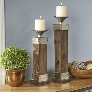 Lyell Fir and Metal Candlestick Holders (Set of 2)