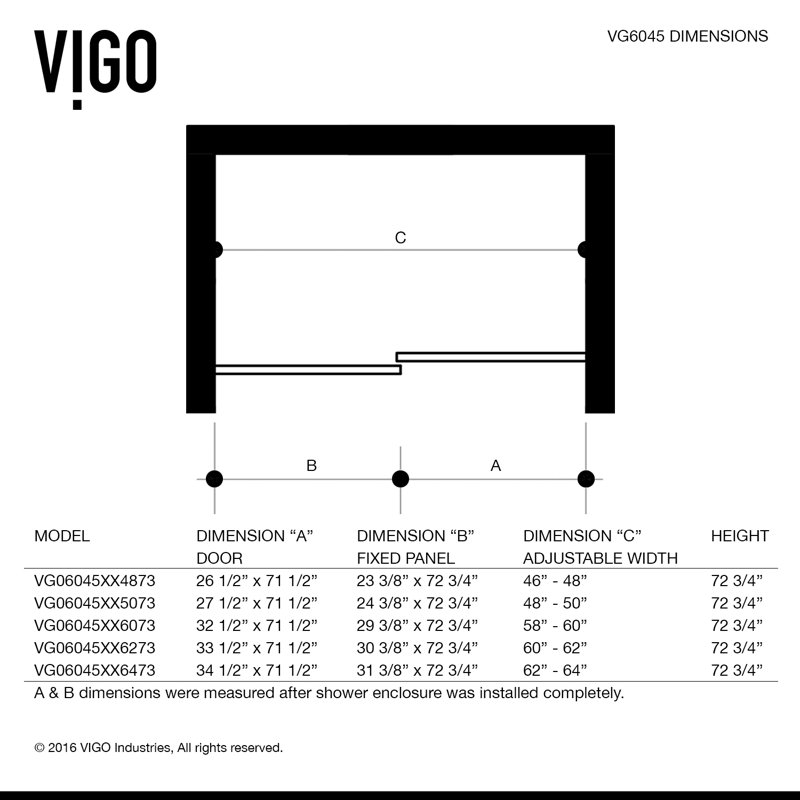 Vigo Vg6045chcl6273 Ryland Frameless Shower Door With 3 8