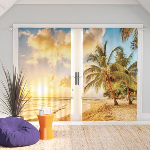 Scenery Tropic Sandy Beach with Horizon at Sunset and Coconut Palm Trees Summer Photo Graphic Print & Text Semi-Sheer Rod Pocket Curtain Panels (Set of 2)