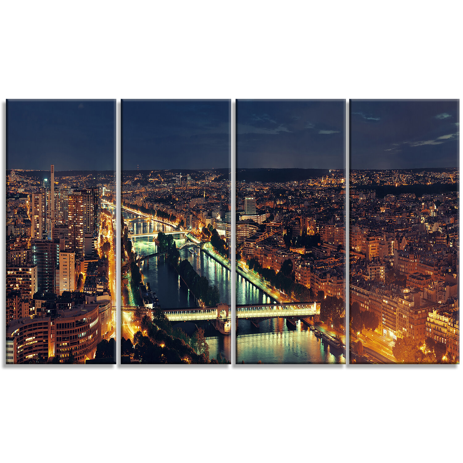 Designart Paris City Night Skyline 4 Piece Wrapped Canvas