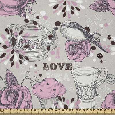 Ambesonne Tea Party Fabric By The Yard, Ornate Teacup And Pot With Romantic Roses Birds Valentines Day Themed Image, Microfiber Fabric For Arts And Cr