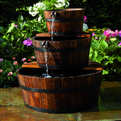 Nexos Gartenbrunnen Springbrunnen Holzbrunnen Holz Garten Brunnen Fass m Pumpe Ø 44cm GH35060