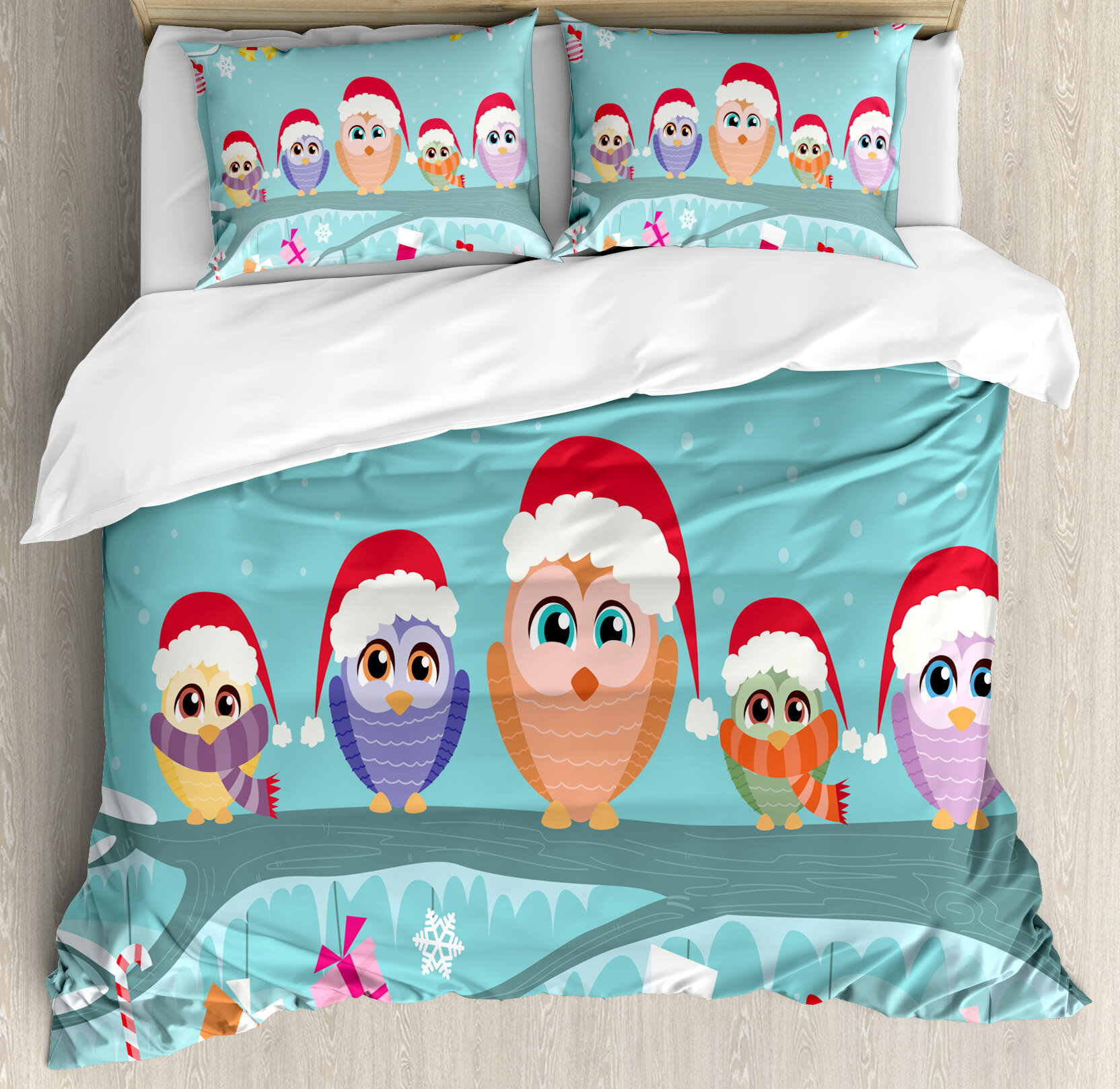 Christmas Cute Owl Family Sitting On Branch Like Little Elves Of Noel Animal Design Duvet Cover Set