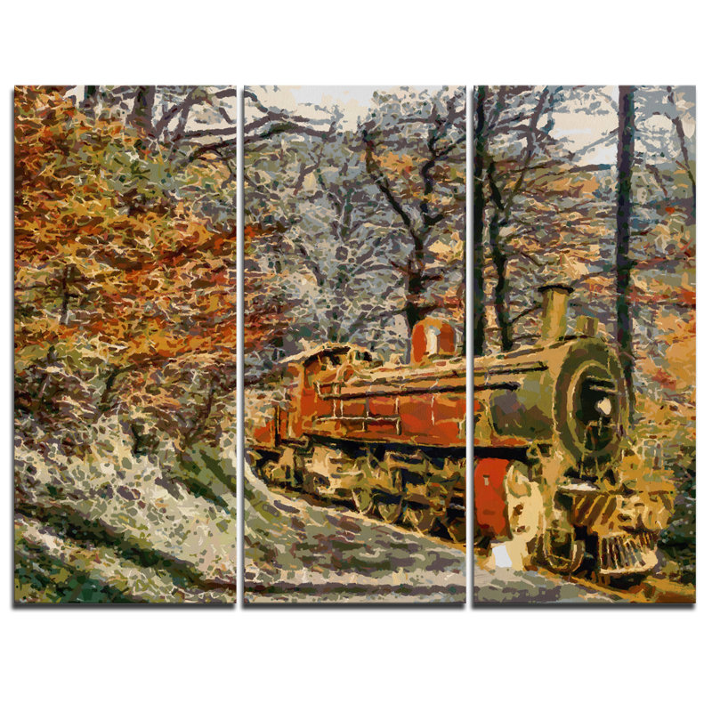 Designart Train In Forest Oil Painting 3 Piece Graphic Art On