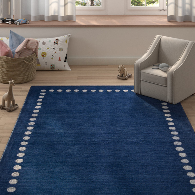Three Posts Baby & Kids Polka Dots Handmade Tufted Wool Navy Area Rug