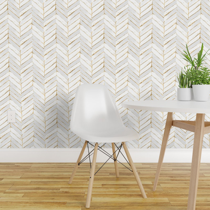 Peel-and-Stick Removable Wallpaper Chevron White Gold Herringbone