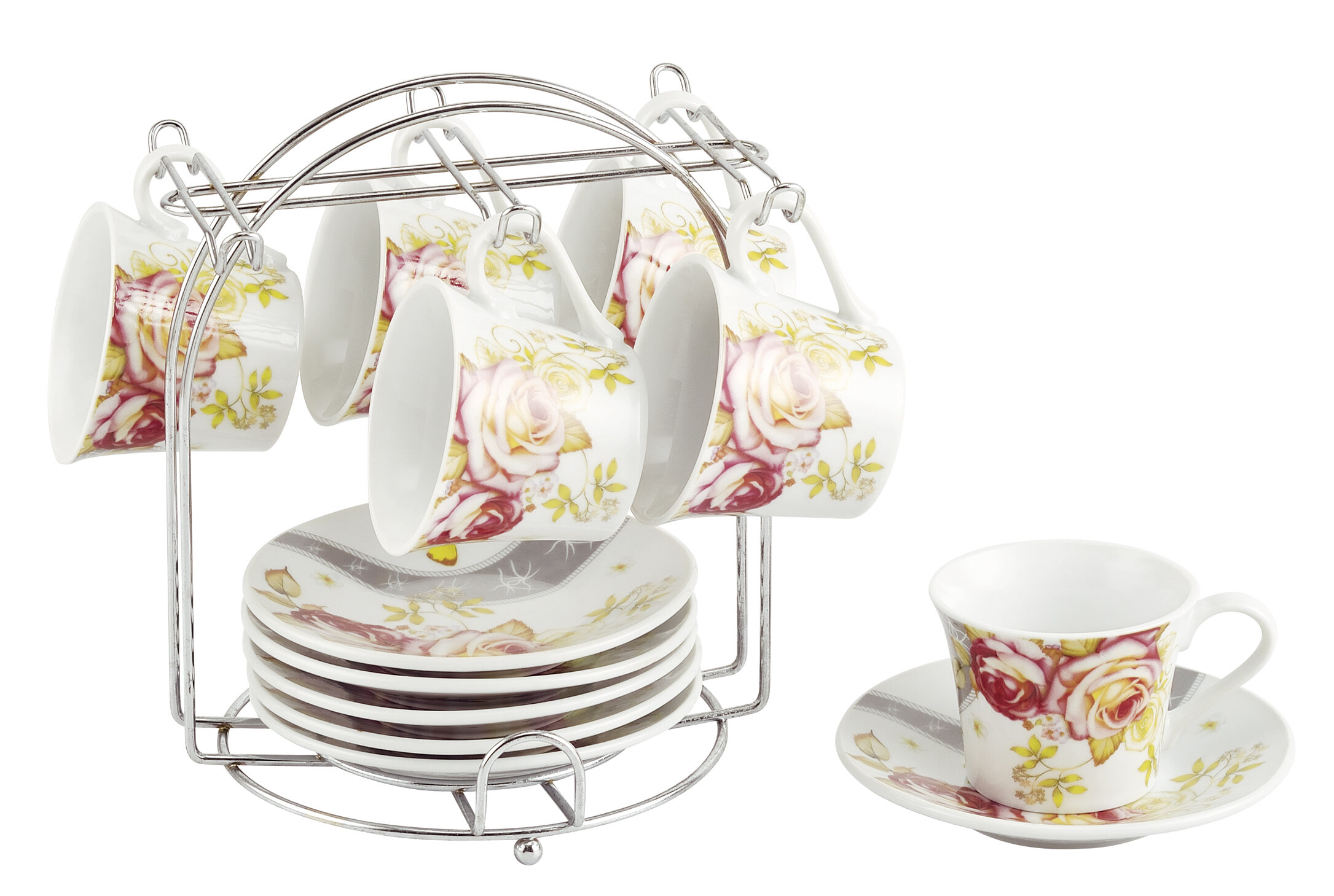 Lorren Home Trends Espresso Cup And Saucer Set With Metal Stand