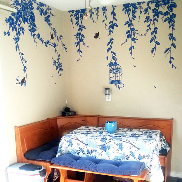 pop decors elegant leaves, bird cage with flying birds wall decal