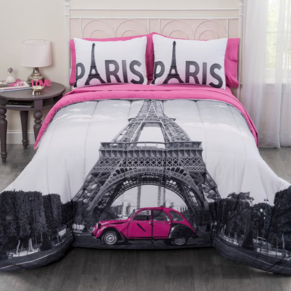 Home Collection Queen Size Comforter And Sheet Set Paris Eiffel Tower Hearts Flowers for Girls//Teens White Pink Black Pink// Pink New