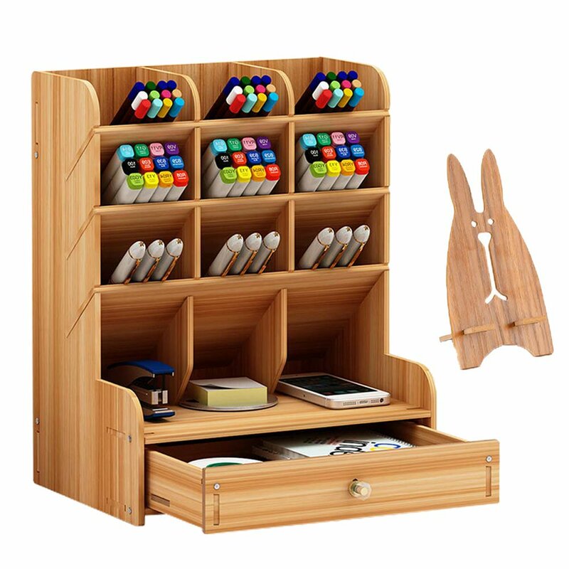 Ebern Designs Jule Wooden Multi Functional Diy Pen Holder Box Desk