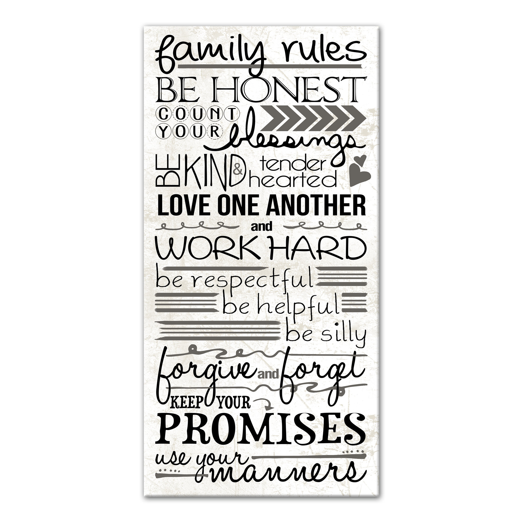 Canvas Wall Art Print ALL SIZES Black /& White Family Rules Quote ANY COLOUR