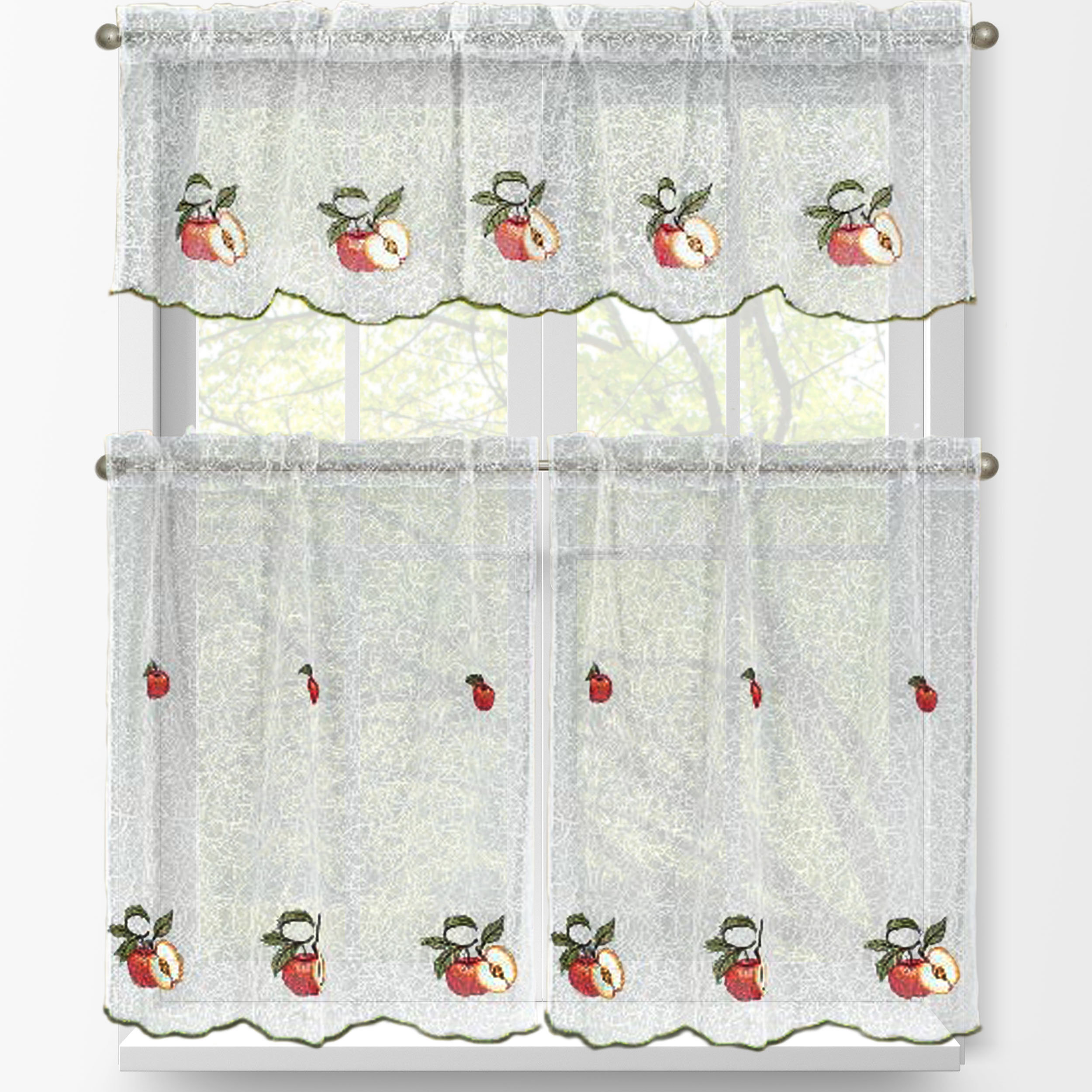 Window Elements Red Apples 3 Piece Embroidered Kitchen Tier And