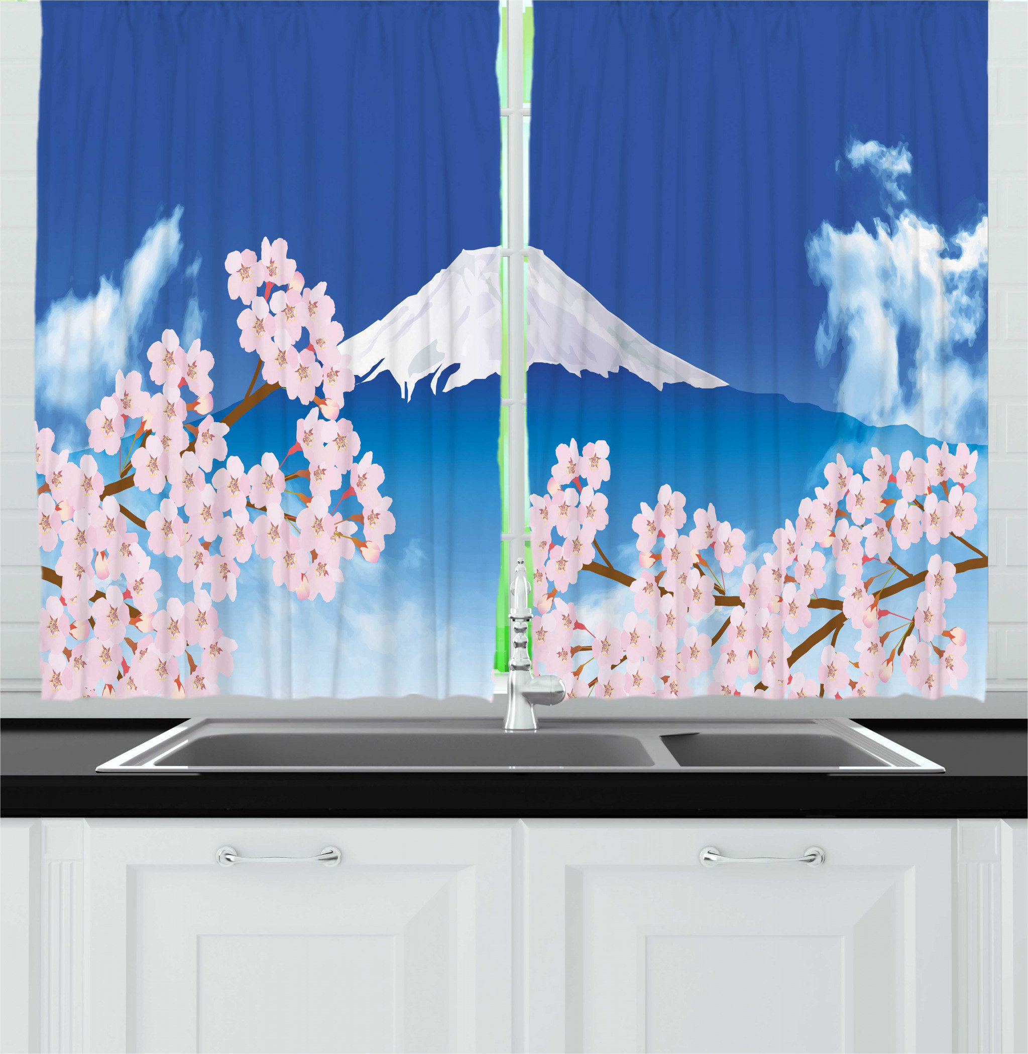 East Urban Home 2 Piece Blue And Pink Japanese Art Graphic With Mt Hill And Spring Cherry Blossoms Kitchen Curtain Set Wayfair