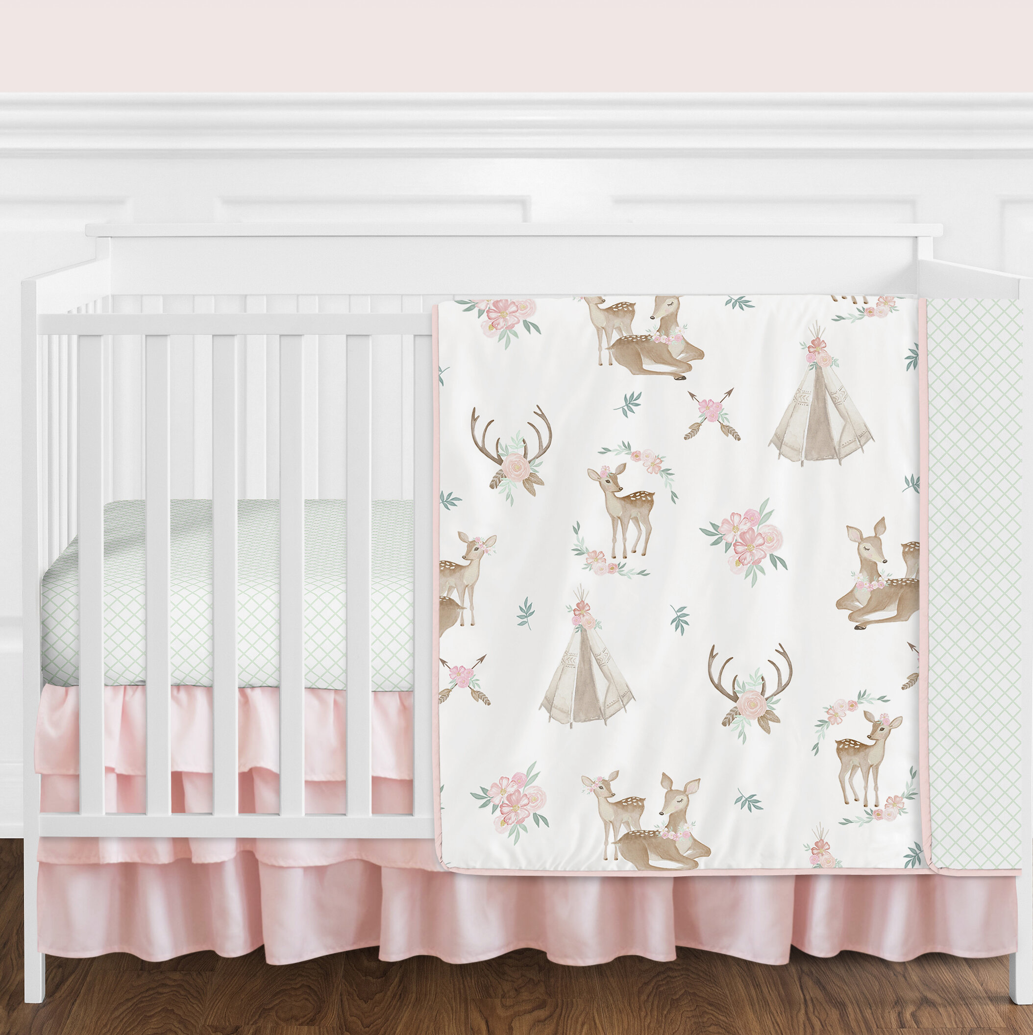 Deer Floral 4 Piece Crib Bedding Set 