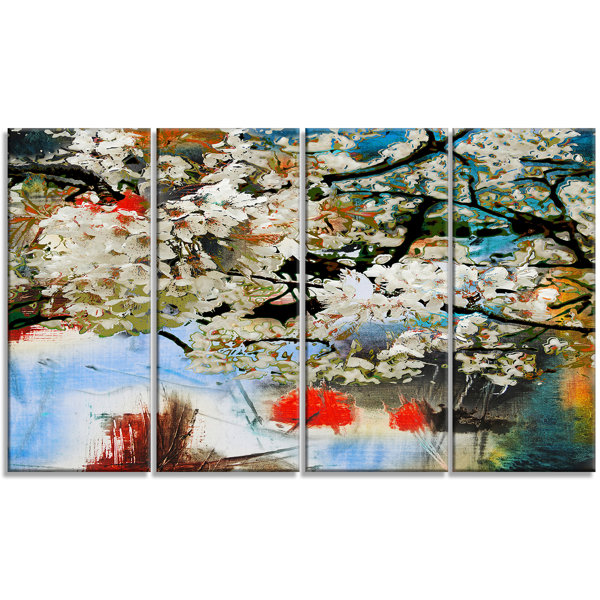 Designart Spring Motif With Small White Flowers 4 Piece Painting
