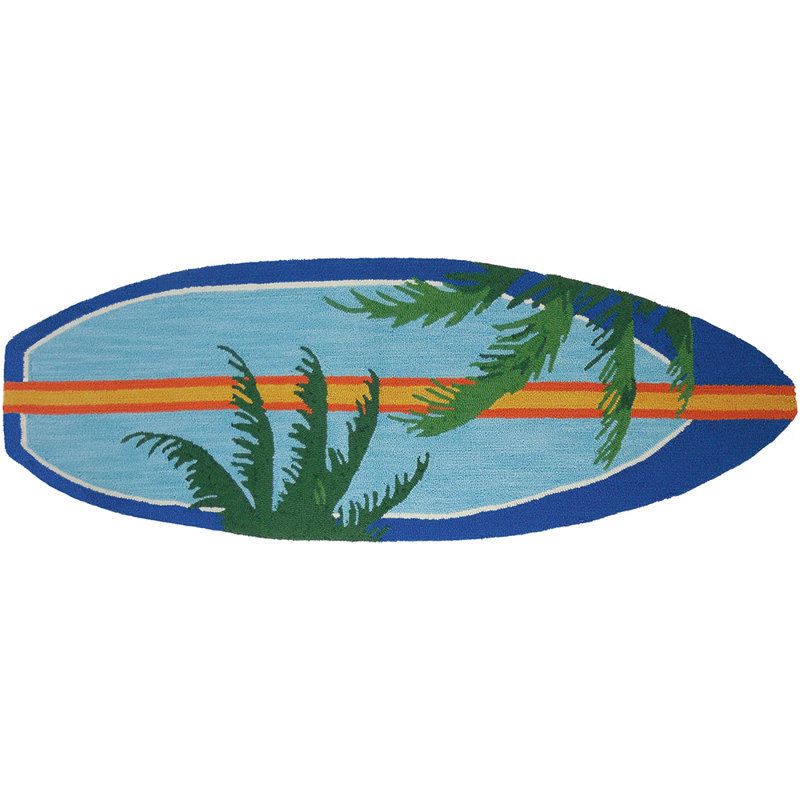 Highland Dunes Spilsby Surfboard Palms Hand Hooked Blue Green Highland Dunes Spilsby Surfboard Palms