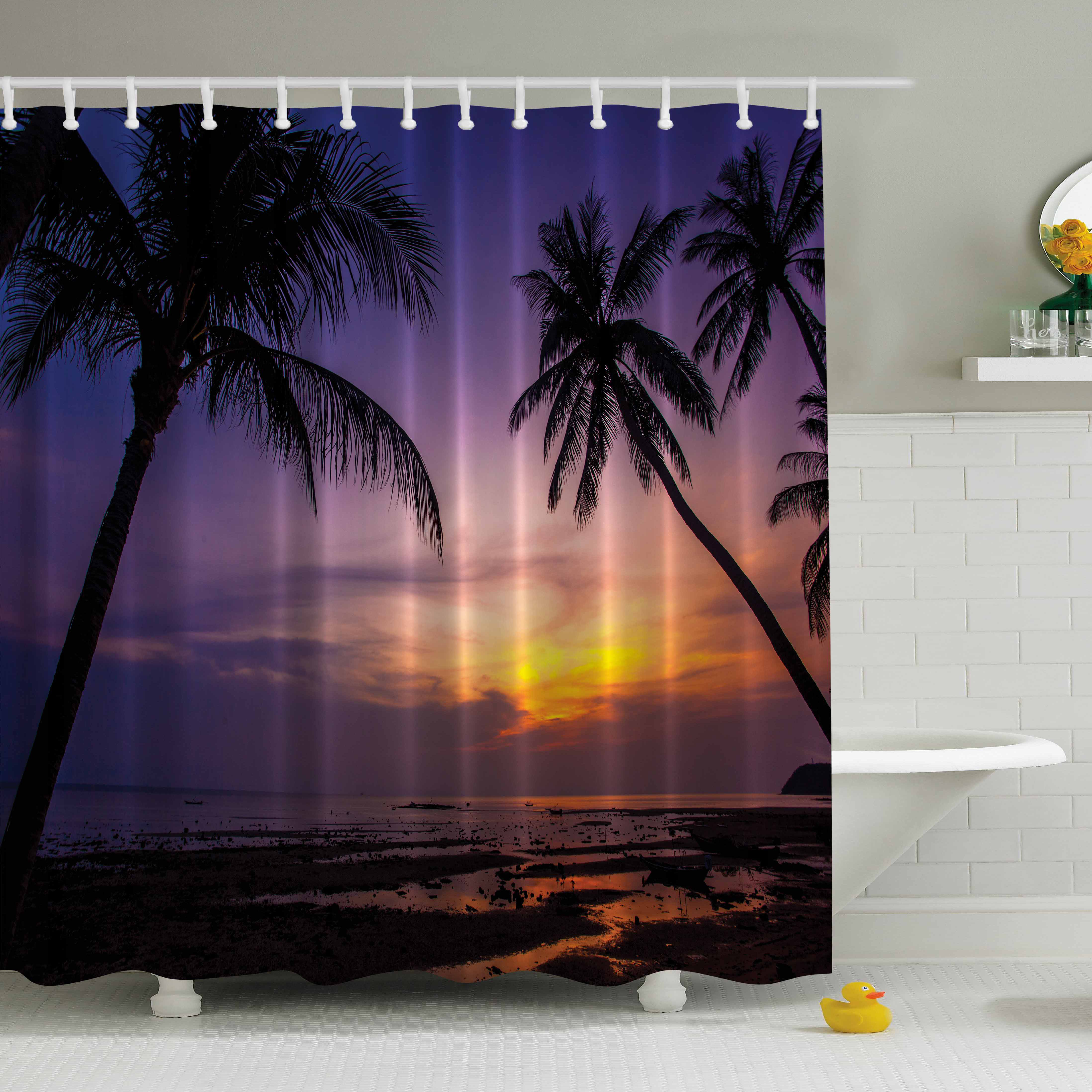 Ambesonne Palm Tree Beach At A Sunset Print Shower Curtain