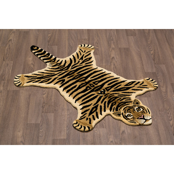 Hewitt Tiger Skin Shape Hand Woven Wool Brown/Black Area Rug by Zoomie Kids