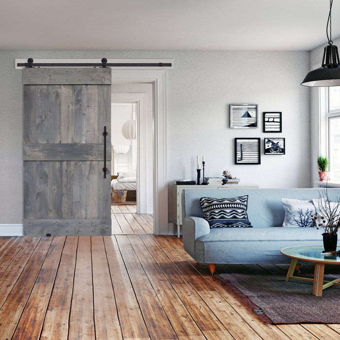 Paneled Wood Finish Barnwood Barn Door Without Installation