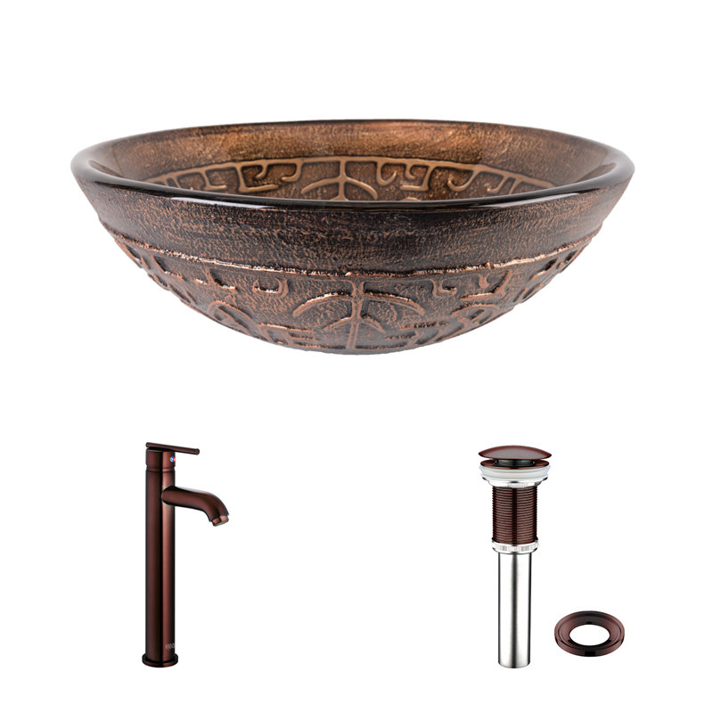 VIGO Golden Greek Glass Circular Vessel Bathroom Sink with Faucet