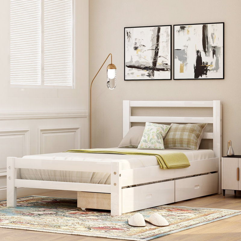 >Latitude Run Twin Platform Bed With Two Storage Drawers Wood Bed Frame With Headboard Grey Twin Size Wayfair Ca