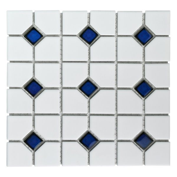 Cambridge Random Sized Porcelain Mosaic Tile in Matte White/Cobalt Dot by EliteTile