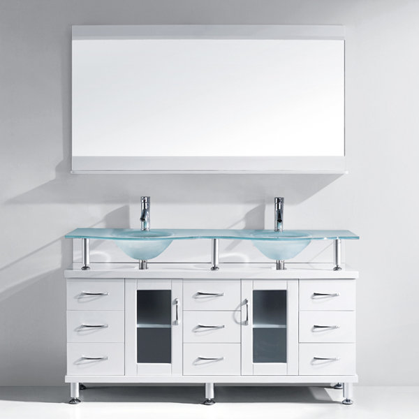 Millette 61 Double Bathroom Vanity Set with Frosted Tempered Glass Top and Mirror by Latitude Run