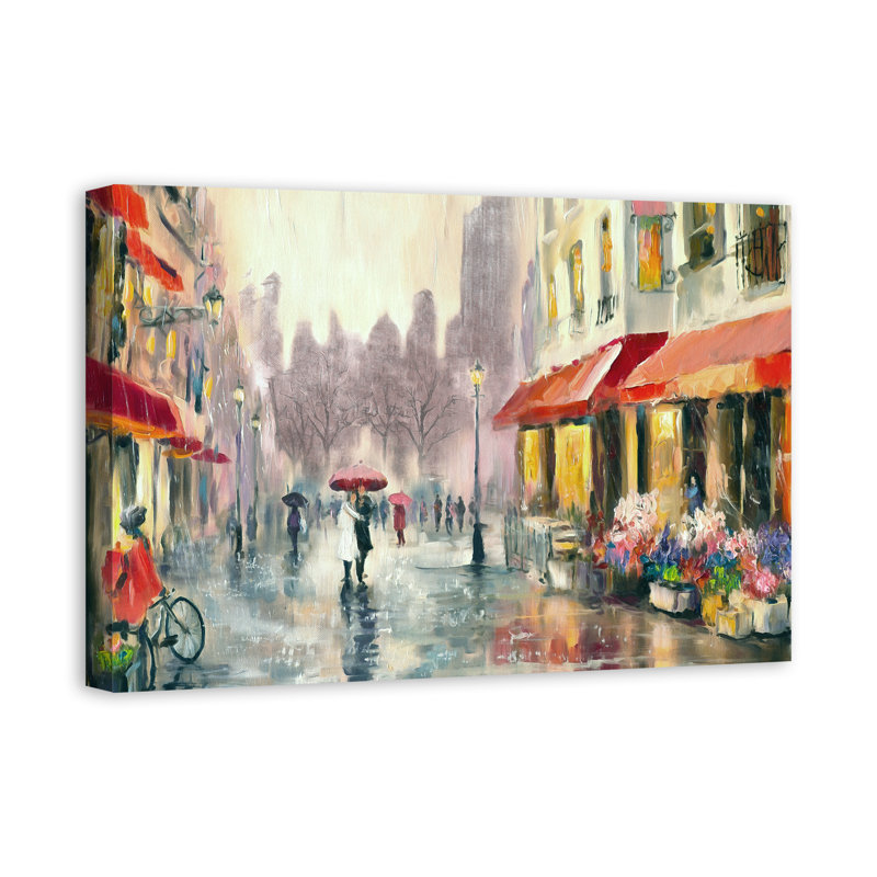 Winston Porter Red Umbrella In Rainy European City Acrylic