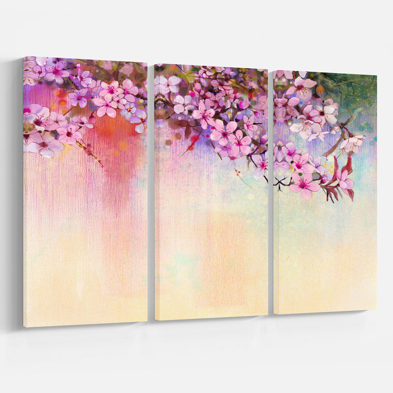 Designart Watercolor Painting Cherry Blossoms 3 Piece Wall Art
