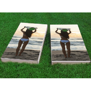 Bikini Surfer Girl on the Beach Cornhole Game (Set of 2)