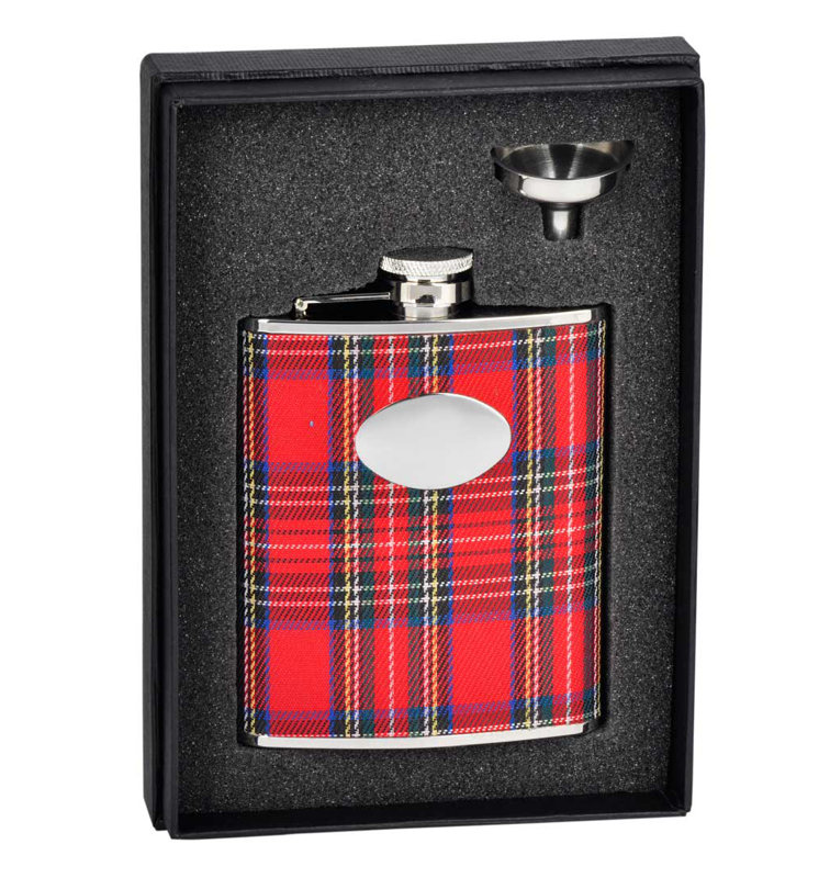 Scrooge Red Plaid Wrapped Stainless Steel Flask Gift Set