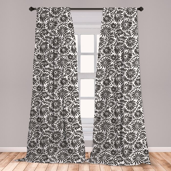 Ambesonne Black And White Curtains Simple Floral Motifs Tropical Island Vegetation In Monochrome Doodle Style Window Treatments 2 Panel Set For