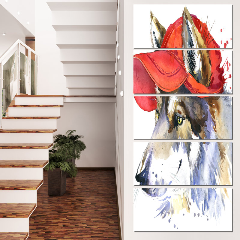 Designart Wolf With Red Cap Illustration 5 Piece Painting Print