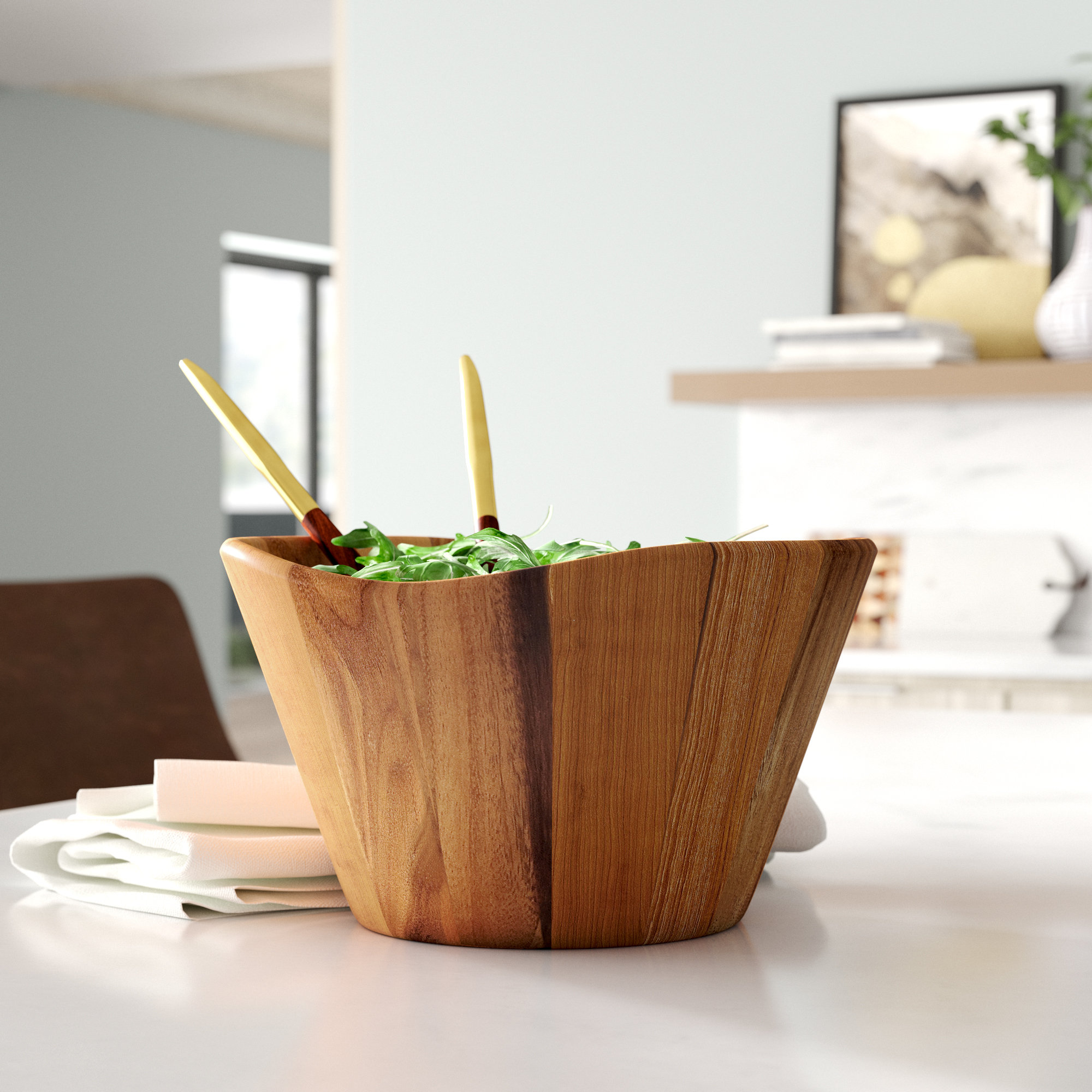 Set of 4 Lipper International Wooden Acacia Wave Shape Salad Serveware Bowl