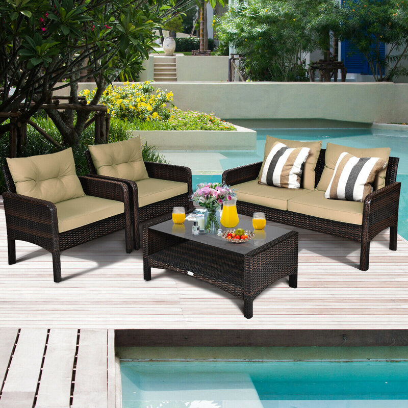 Winston Porter Gaskins 4 Piece Rattan Sofa Seating Group With Cushions Reviews Wayfair