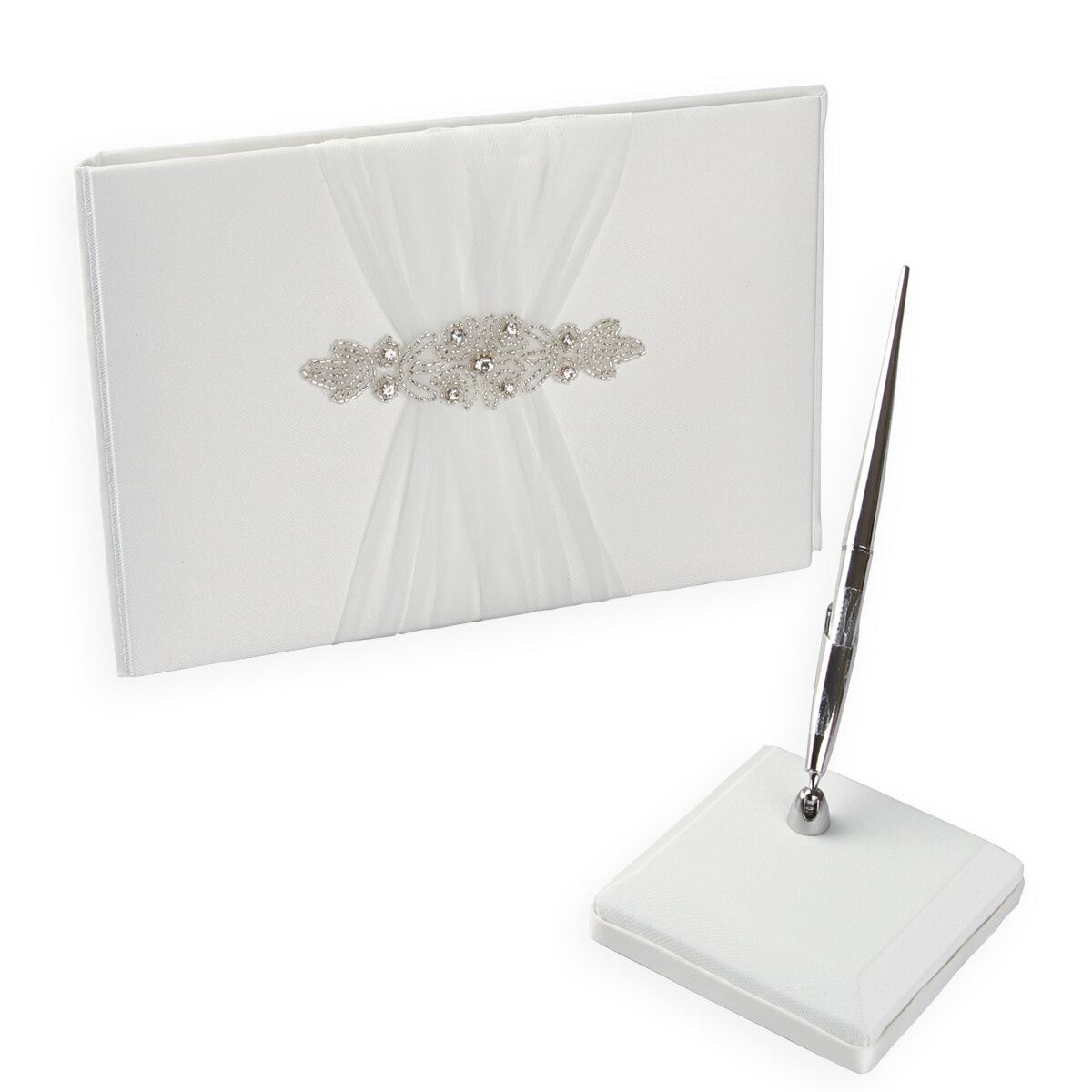 WHITE SATIN JEWELED MOTIF GUESTBOOK ONLY 
