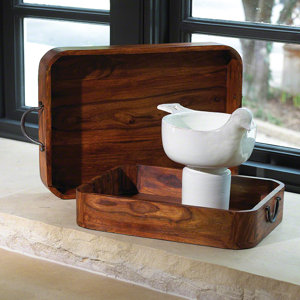 2 Piece Wood and Iron Accent and Serving Tray Set
