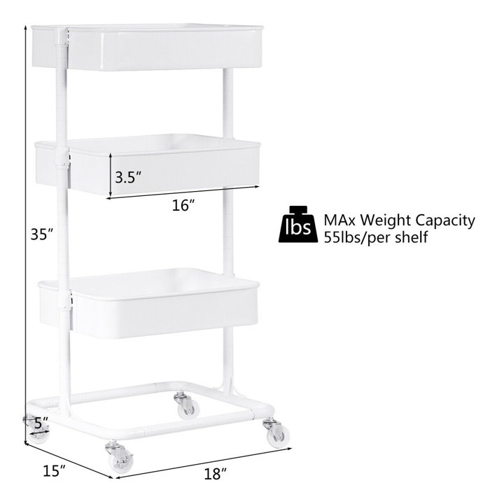 Costway 3 Tier Metal Rolling Storage Cart Mobile Organizer